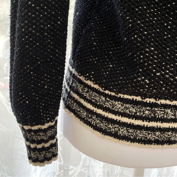 MAJE FIERE black knit white stripe trim crewneck zipper shoulder detail sweater - Picture 5 of 12